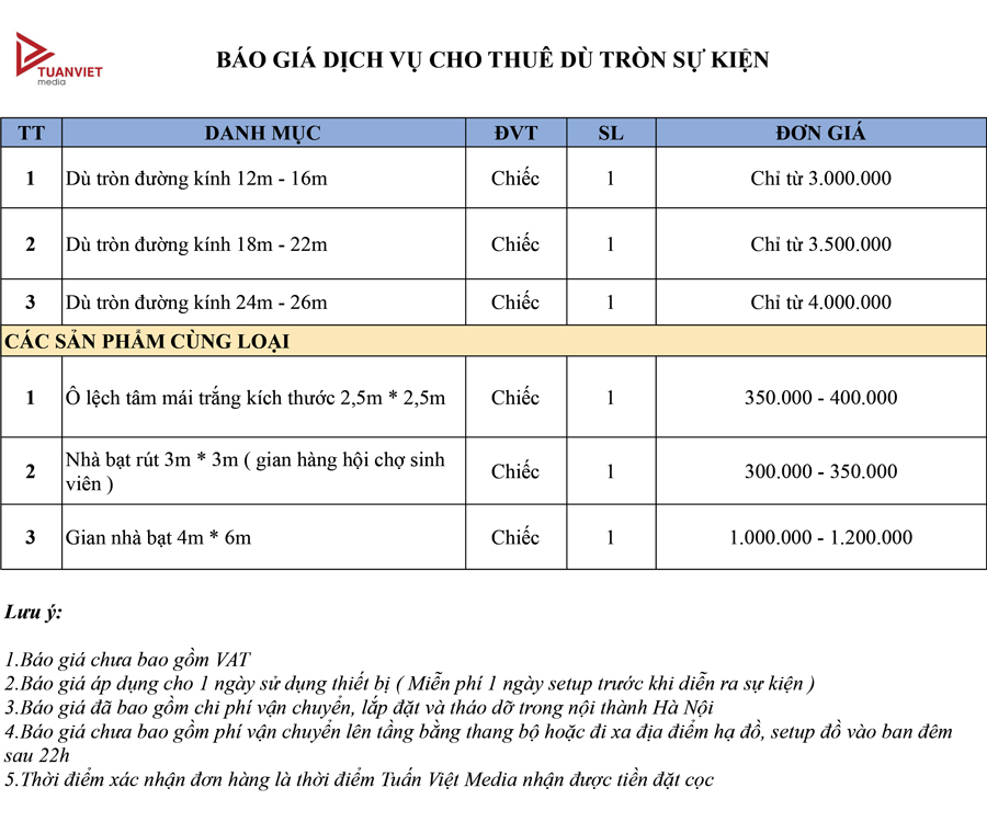 cho thuê dù tròn sự kiện kèm báo giá ưu đãi