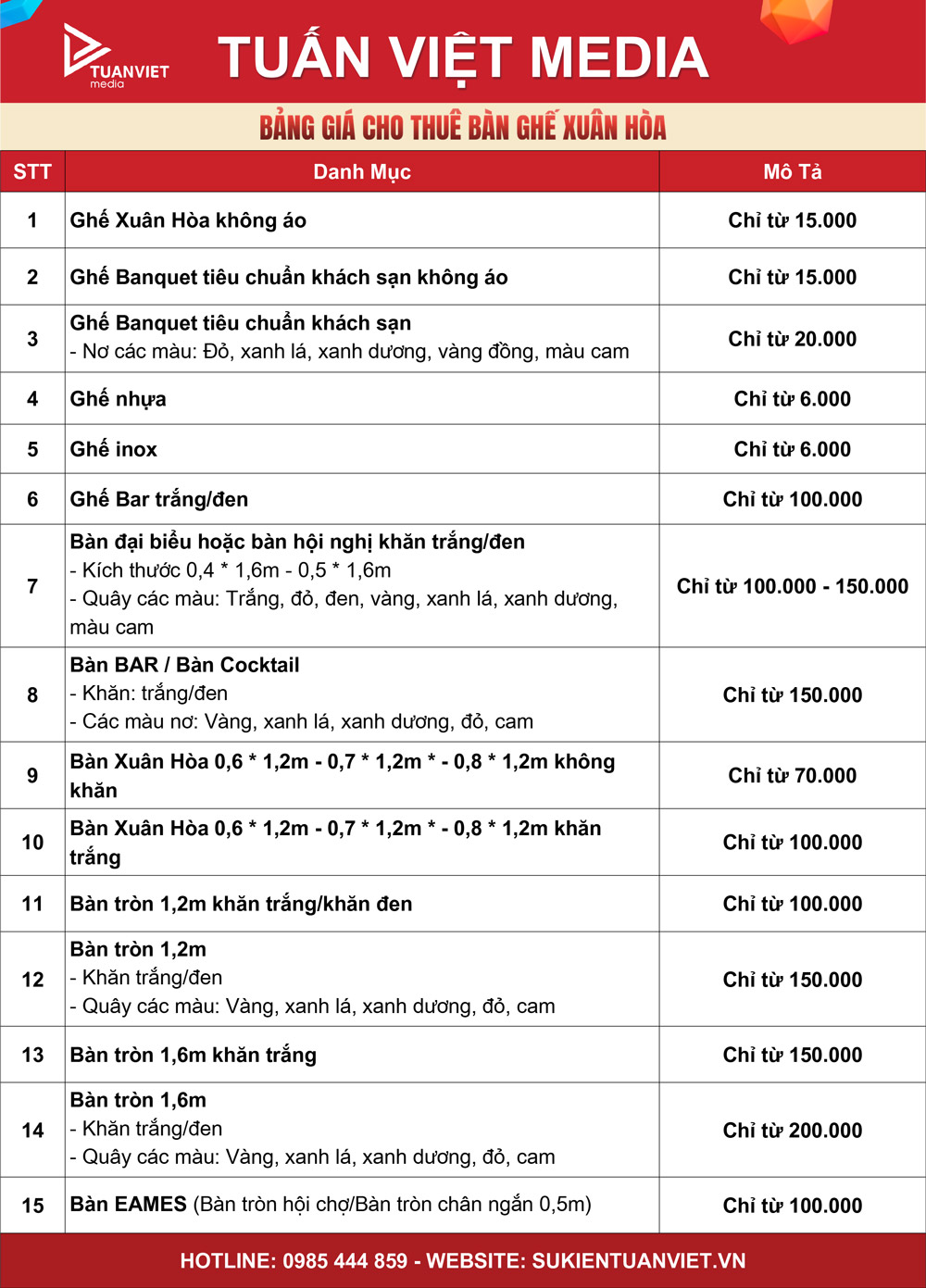 báo giá cho thuê bàn ghế xuân hòa
