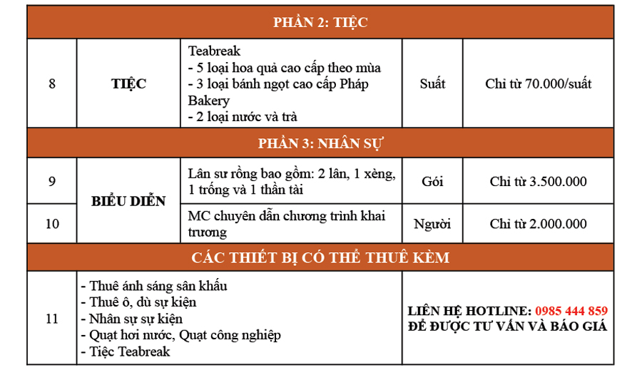 báo giá dịch vụ khai trương trọn gói
