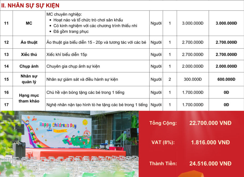 báo giá dịch vụ tổ chức tết thiếu nhi 1/6 hà nội