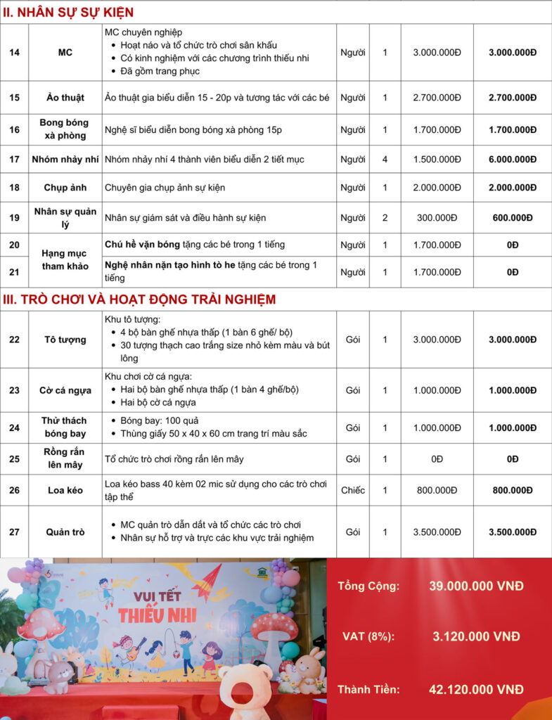 báo giá dịch vụ tổ chức tết thiếu nhi 1/6