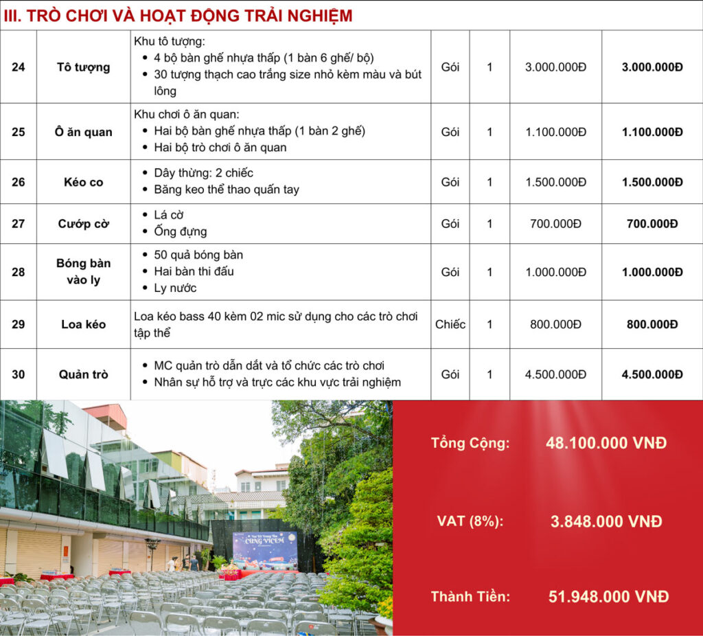 báo giá dịch vụ tổ chức tết thiếu nhi 1/6