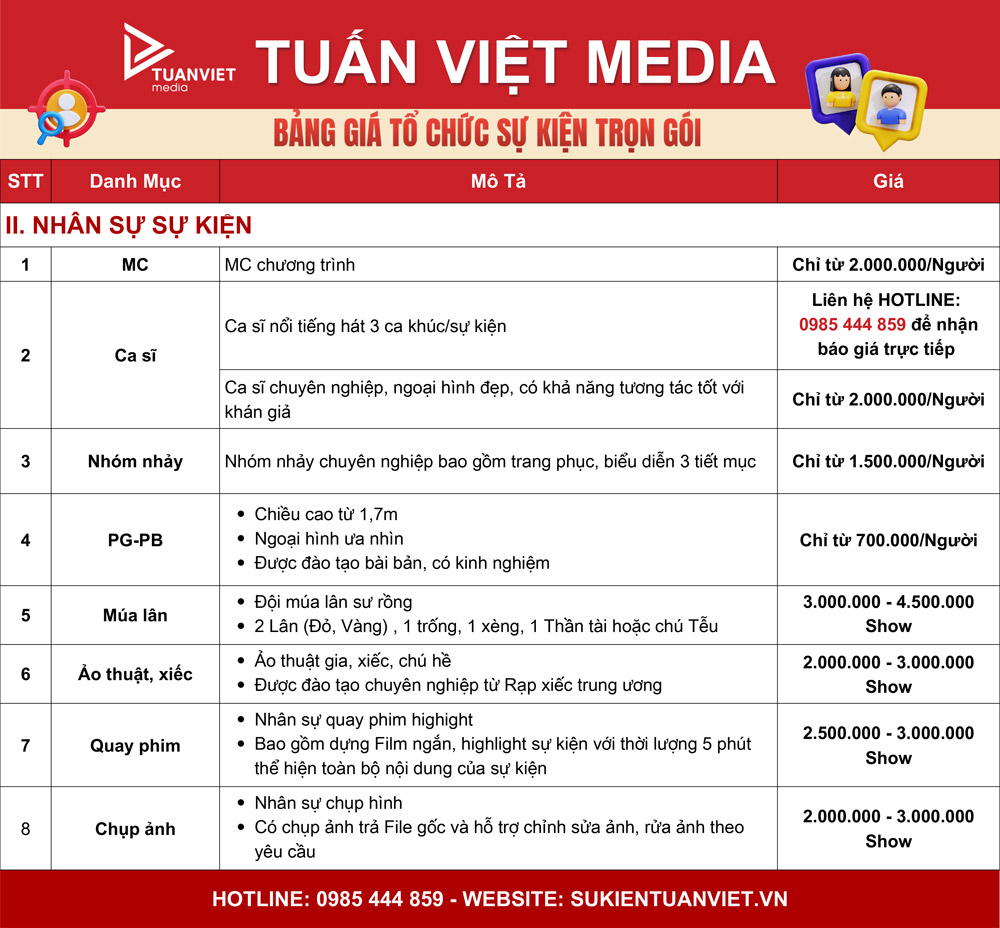bảng báo giá tổ chức sự kiện trọn gói hà nội