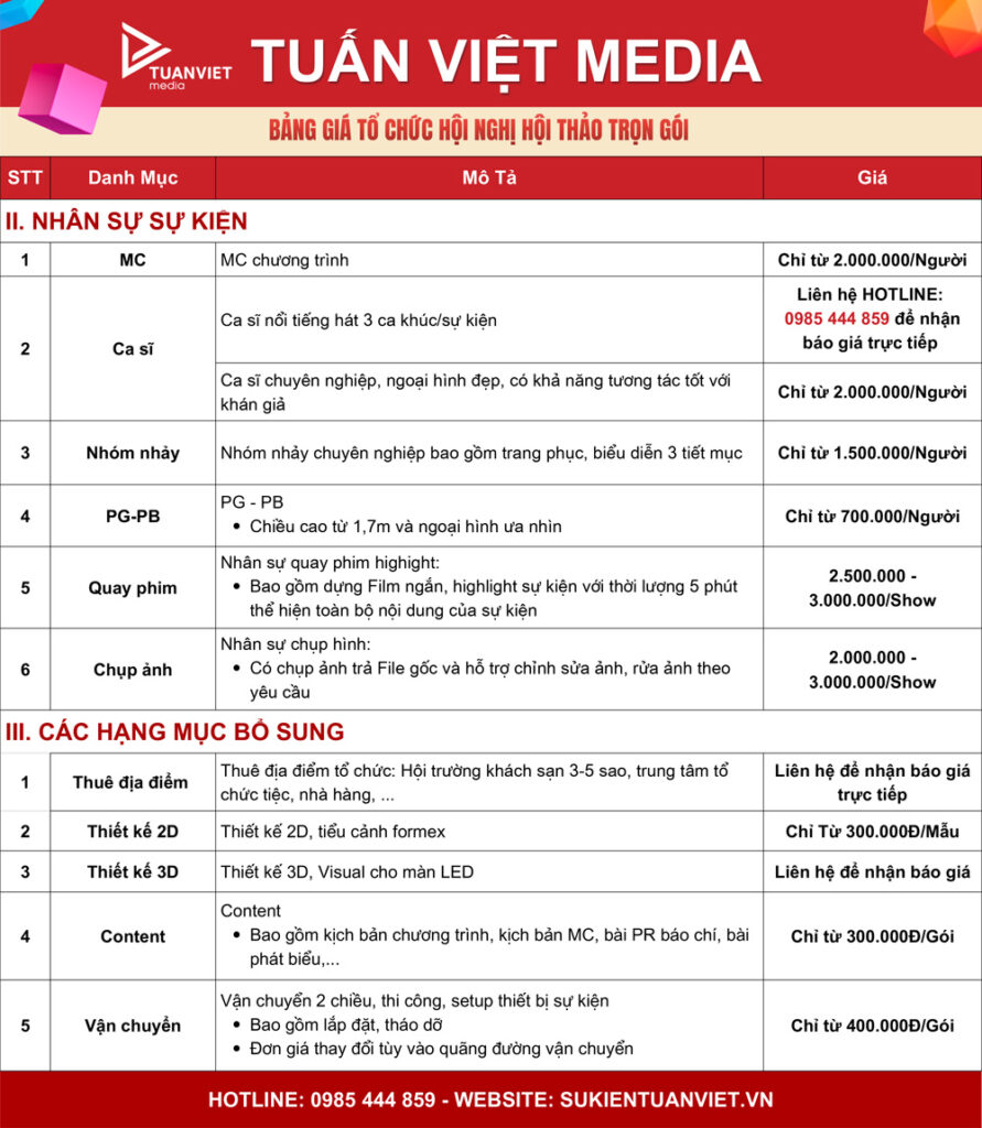 bảng giá dịch vụ tổ chức hội nghị hội thảo trọn gói