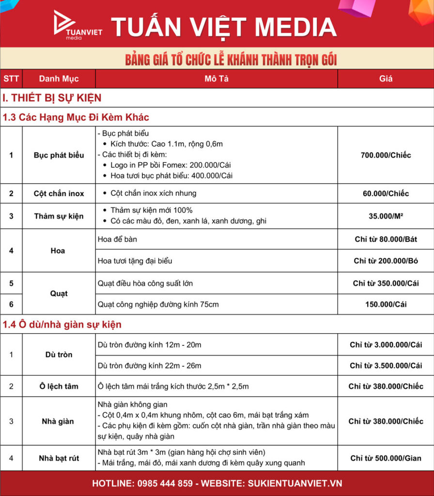 bảng báo giá tổ chức lễ khánh thành
