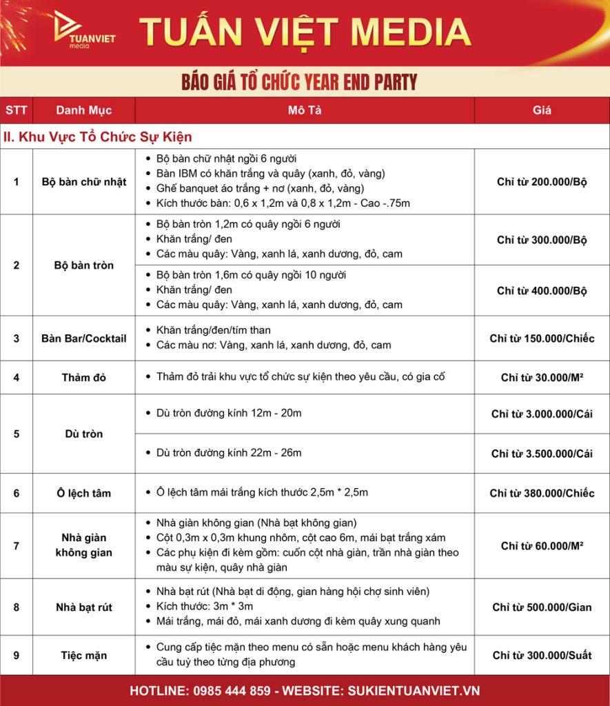 bảng giá tổ chức tất niên