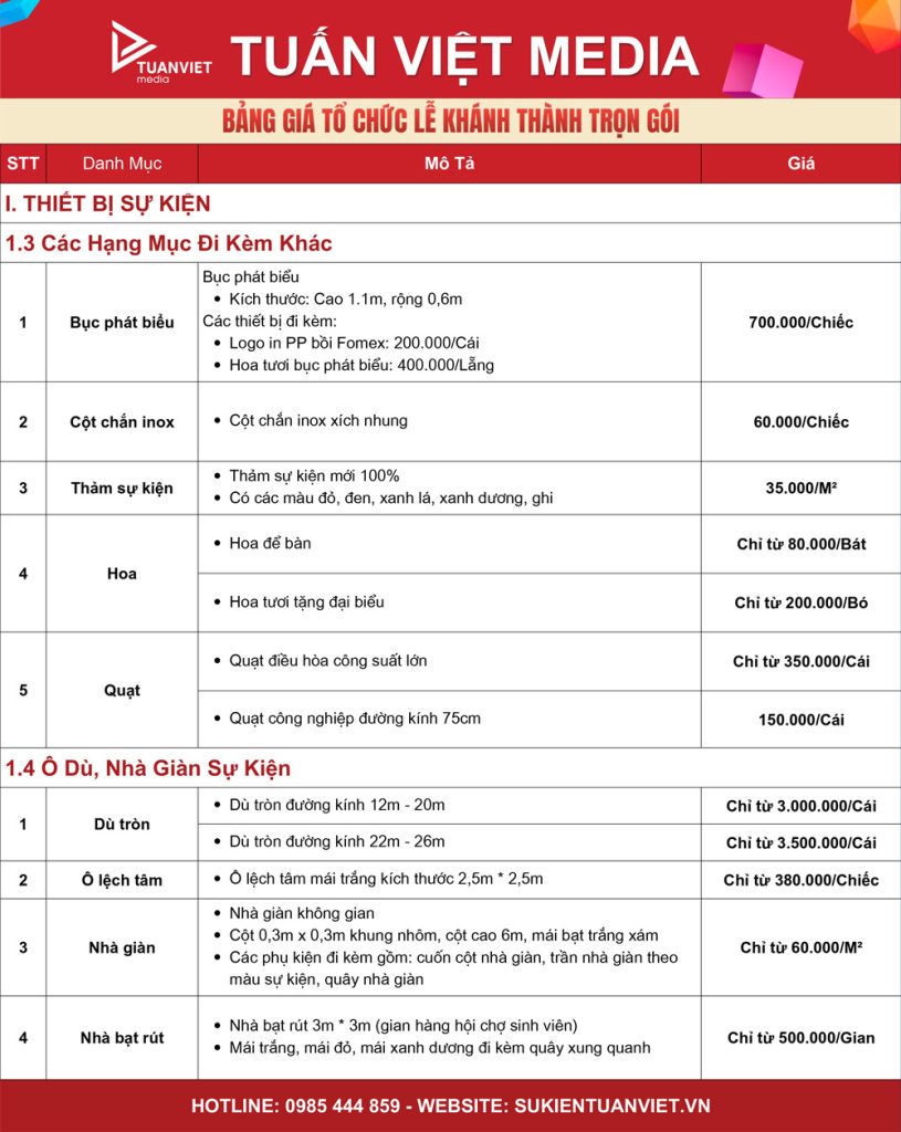 bảng báo giá tổ chức lễ khánh thành