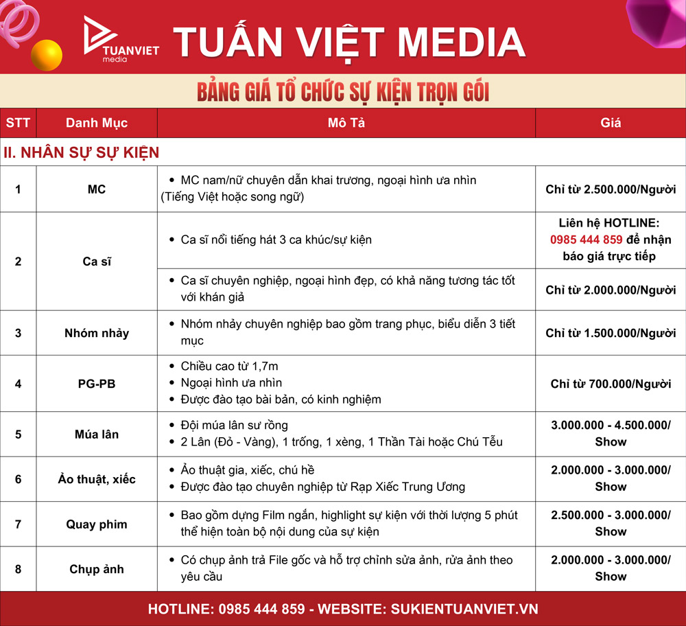 bảng giá tổ chức sự kiện trọn gói