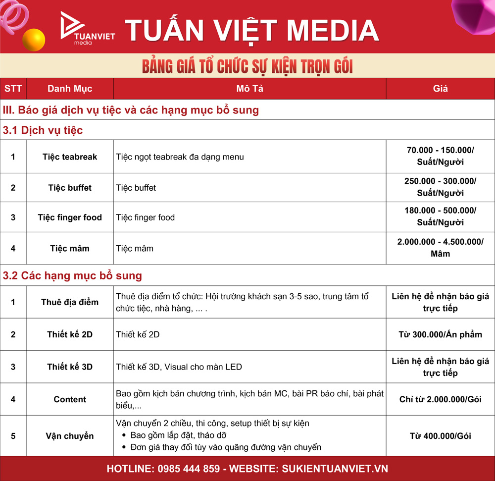 bảng giá tổ chức sự kiện trọn gói