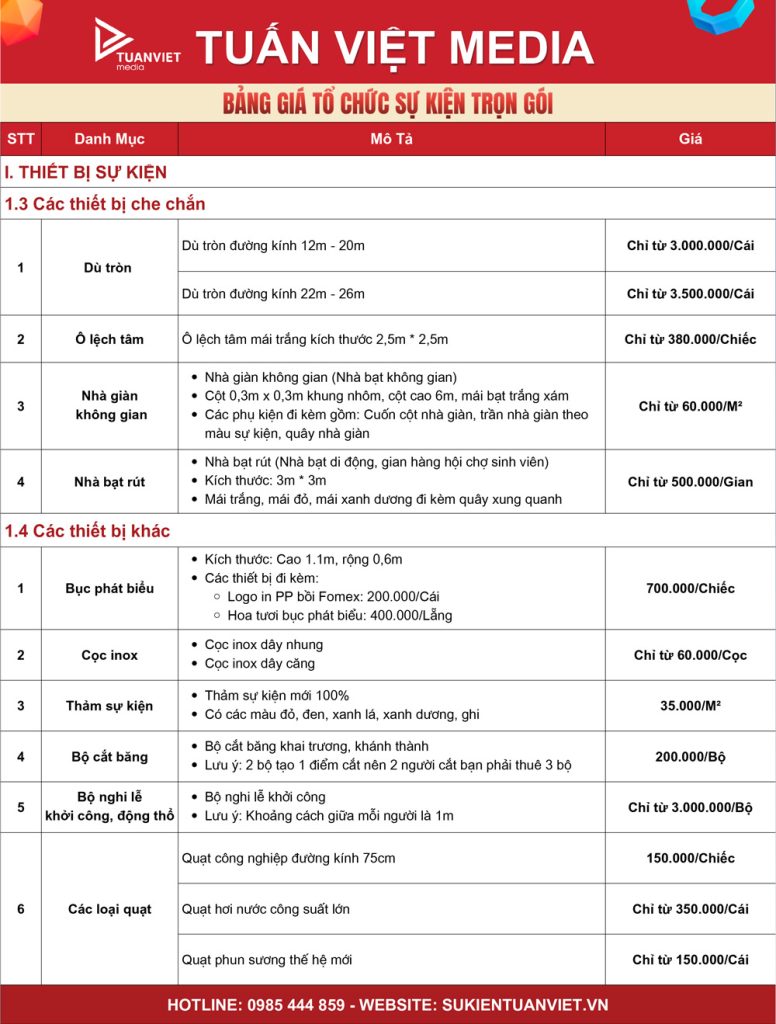 bảng báo giá tổ chức sự kiện