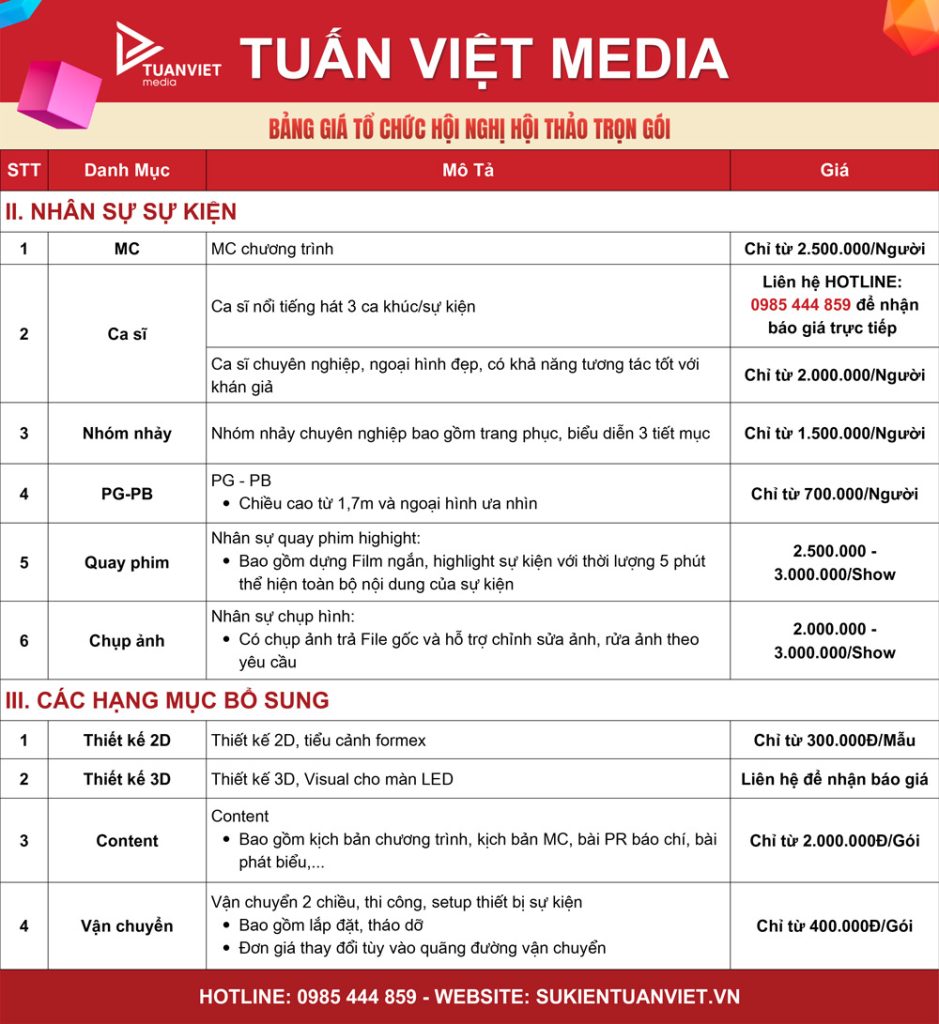 bảng giá tổ chức hội nghị hội thảo