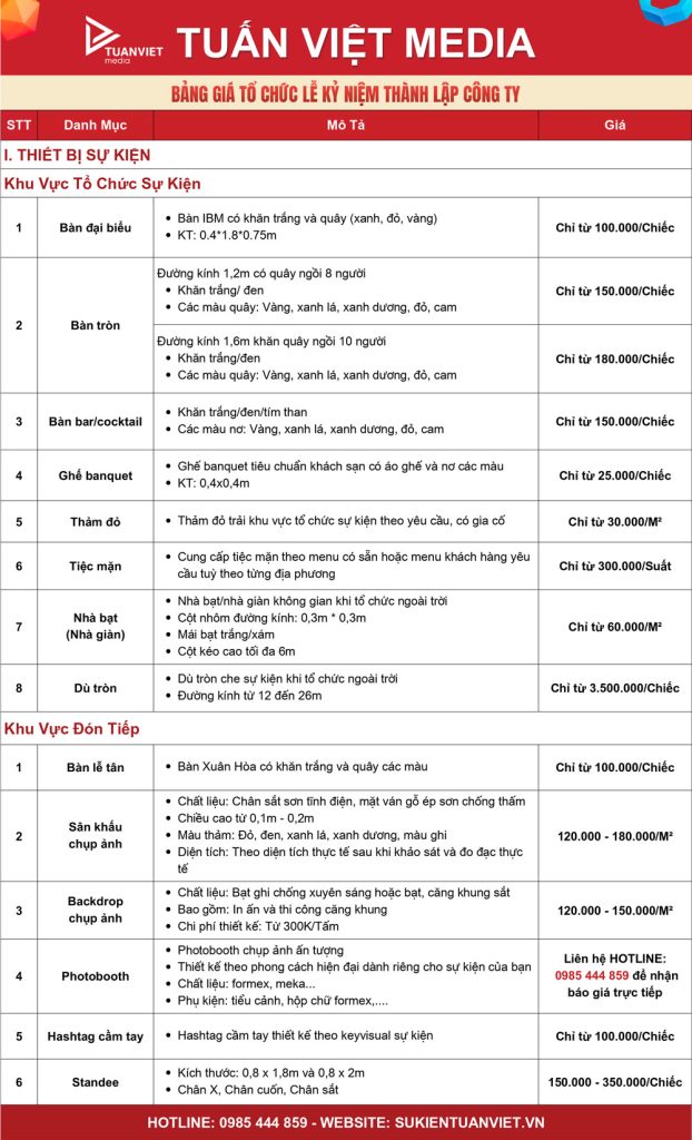 báo giá tổ chức lễ kỷ niệm ngày thành lập công ty