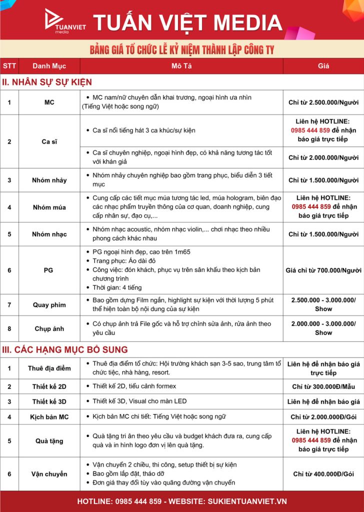 báo giá tổ chức kỷ niệm ngày thành lập