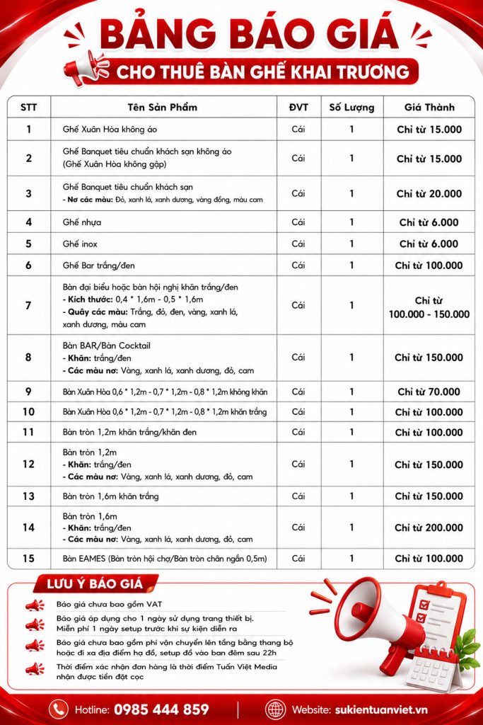 báo giá cho thuê bàn ghế khai trương